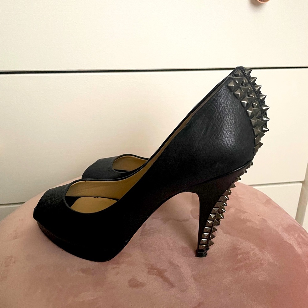 BCBG Genuine Leather Studded Peep-Toe Pumps